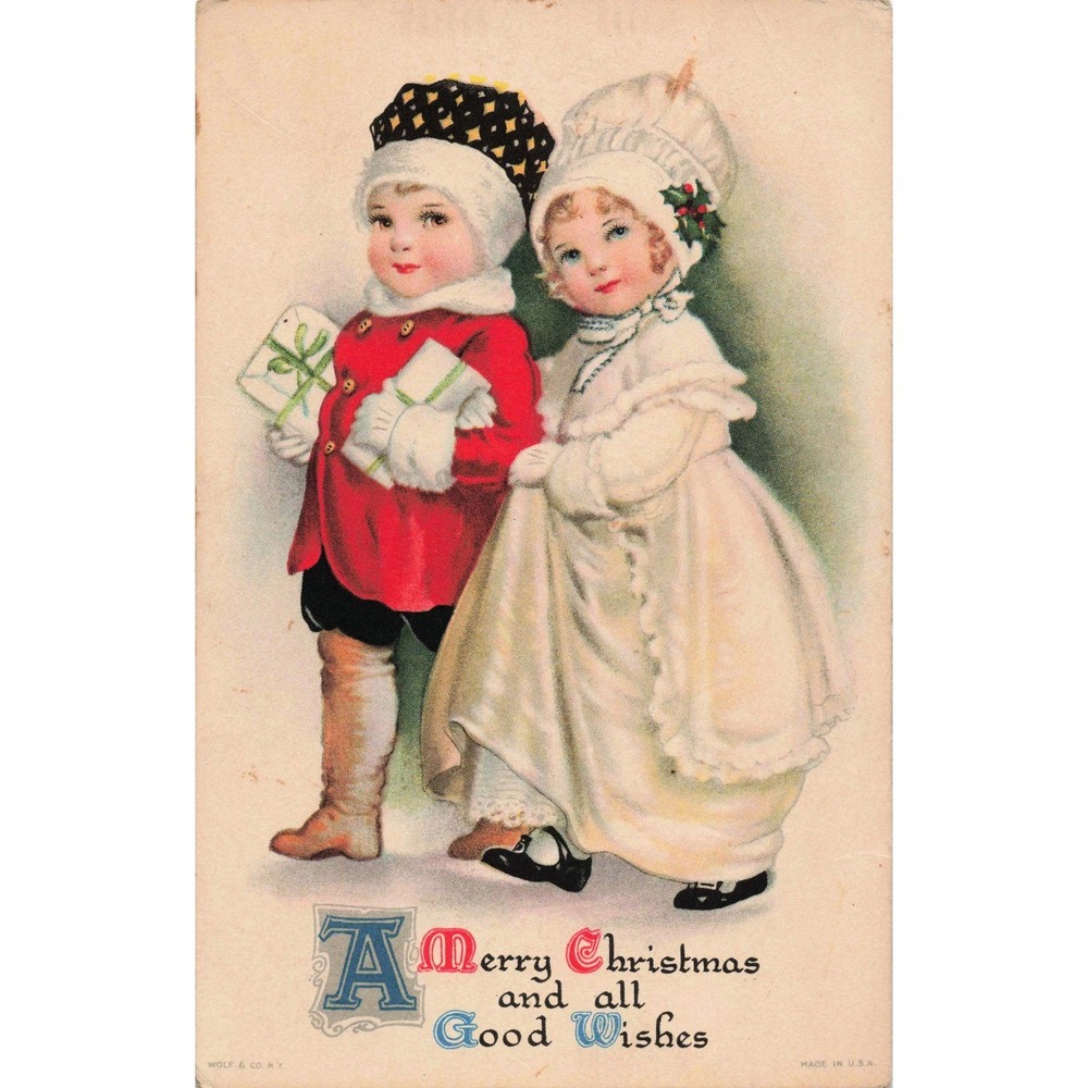 Christmas Postcard Wolf & Co Children Winter Clothes Antique Divided Back